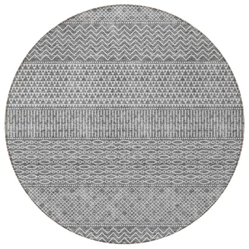 8' Gray And Silver Round Chevron Washable Indoor Outdoor Area Rug
