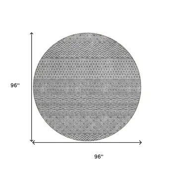 8' Gray And Silver Round Chevron Washable Indoor Outdoor Area Rug