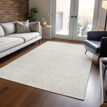 9' X 12' Ivory And Beige Chevron Washable Indoor Outdoor Area Rug