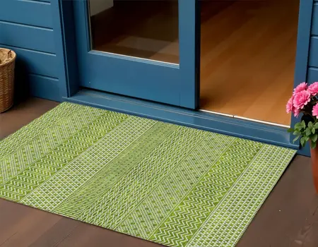 3' X 5' Lime Green And Ivory Chevron Washable Indoor Outdoor Area Rug