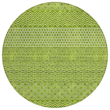 8' Lime Green And Ivory Round Chevron Washable Indoor Outdoor Area Rug