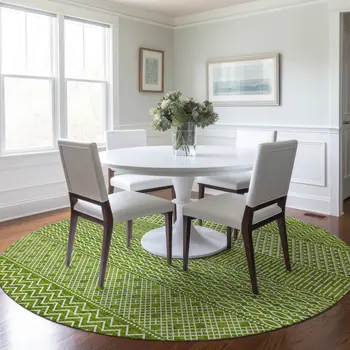 8' Lime Green And Ivory Round Chevron Washable Indoor Outdoor Area Rug