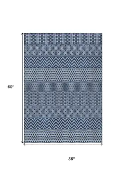 3' X 5' Navy Blue And Ivory Chevron Washable Indoor Outdoor Area Rug