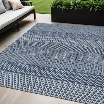5' X 8' Navy Blue And Ivory Chevron Washable Indoor Outdoor Area Rug
