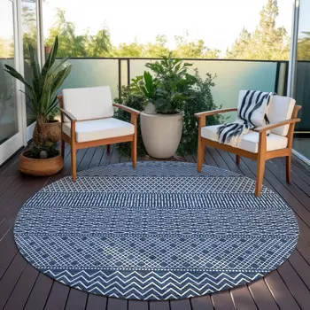 8' Navy Blue And Ivory Round Chevron Washable Indoor Outdoor Area Rug