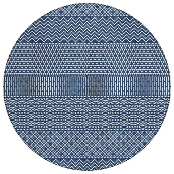 8' Navy Blue And Ivory Round Chevron Washable Indoor Outdoor Area Rug