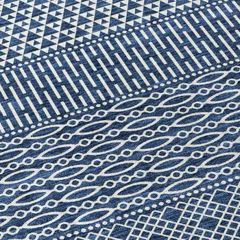 8' Navy Blue And Ivory Round Chevron Washable Indoor Outdoor Area Rug