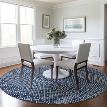 8' Navy Blue And Ivory Round Chevron Washable Indoor Outdoor Area Rug