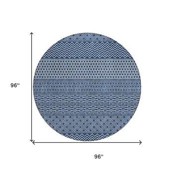 8' Navy Blue And Ivory Round Chevron Washable Indoor Outdoor Area Rug