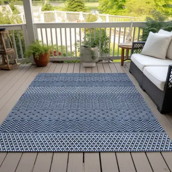 10' X 14' Navy Blue And Ivory Chevron Washable Indoor Outdoor Area Rug