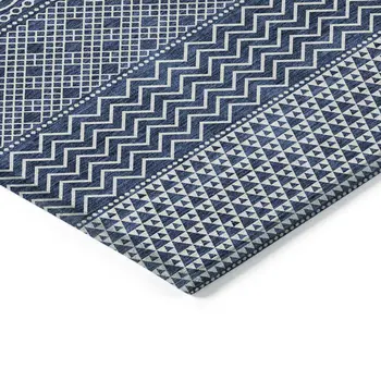 10' X 14' Navy Blue And Ivory Chevron Washable Indoor Outdoor Area Rug
