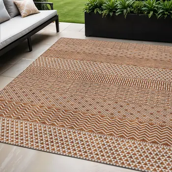 5' X 8' Orange And Ivory Chevron Washable Indoor Outdoor Area Rug