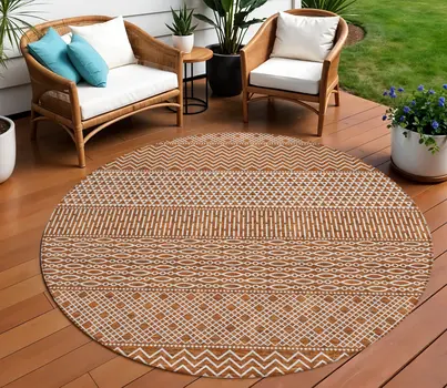 8' Orange And Ivory Round Chevron Washable Indoor Outdoor Area Rug