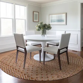 8' Orange And Ivory Round Chevron Washable Indoor Outdoor Area Rug