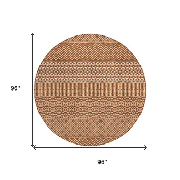 8' Orange And Ivory Round Chevron Washable Indoor Outdoor Area Rug