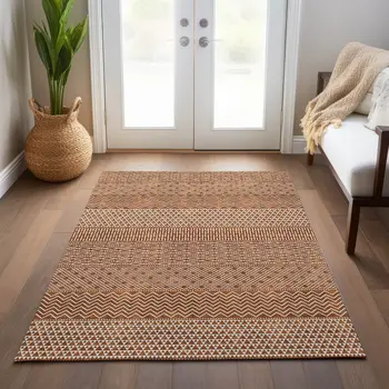 8' X 10' Orange And Ivory Chevron Washable Indoor Outdoor Area Rug