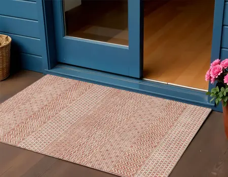 3' X 5' Salmon And Ivory Chevron Washable Indoor Outdoor Area Rug