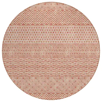8' Salmon And Ivory Round Chevron Washable Indoor Outdoor Area Rug