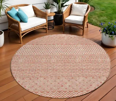 8' Salmon And Ivory Round Chevron Washable Indoor Outdoor Area Rug