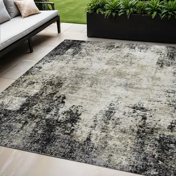 5' X 8' Black Ivory And Beige Abstract Washable Indoor Outdoor Area Rug