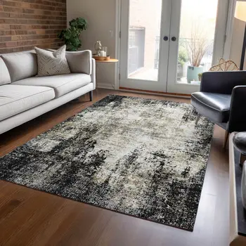 5' X 8' Black Ivory And Beige Abstract Washable Indoor Outdoor Area Rug