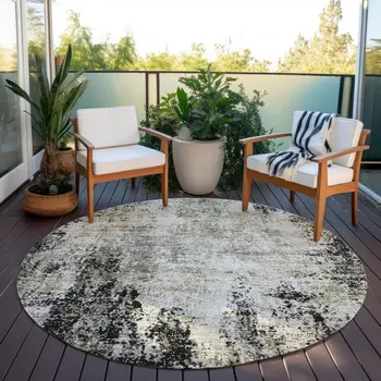8' Black Ivory And Beige Round Abstract Washable Indoor Outdoor Area Rug
