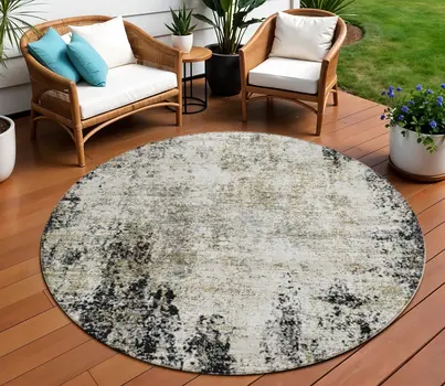 8' Black Ivory And Beige Round Abstract Washable Indoor Outdoor Area Rug