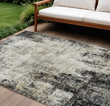 8' X 10' Black Ivory And Beige Abstract Washable Indoor Outdoor Area Rug