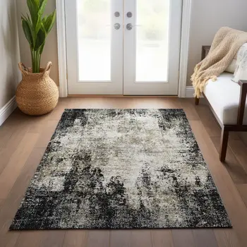 8' X 10' Black Ivory And Beige Abstract Washable Indoor Outdoor Area Rug