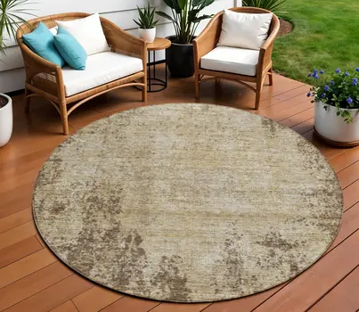 8' Brown And Beige Round Abstract Washable Indoor Outdoor Area Rug