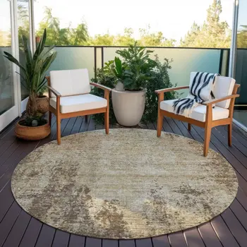 8' Brown And Beige Round Abstract Washable Indoor Outdoor Area Rug