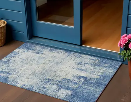 3' X 5' Denim Blue And Ivory Abstract Washable Indoor Outdoor Area Rug