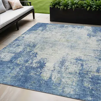 5' X 8' Denim Blue And Ivory Abstract Washable Indoor Outdoor Area Rug