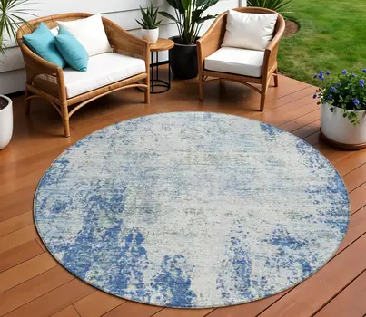 8' Denim Blue And Ivory Round Abstract Washable Indoor Outdoor Area Rug