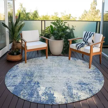 8' Denim Blue And Ivory Round Abstract Washable Indoor Outdoor Area Rug
