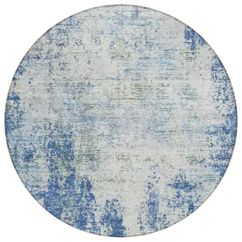 8' Denim Blue And Ivory Round Abstract Washable Indoor Outdoor Area Rug