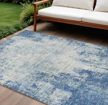 8' X 10' Denim Blue And Ivory Abstract Washable Indoor Outdoor Area Rug