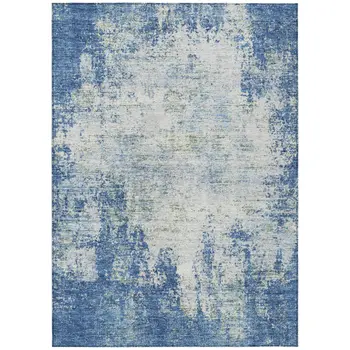 9' X 12' Denim Blue And Ivory Abstract Washable Indoor Outdoor Area Rug