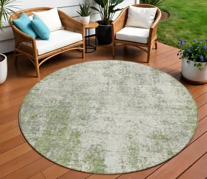8' Green And Ivory Round Abstract Washable Indoor Outdoor Area Rug