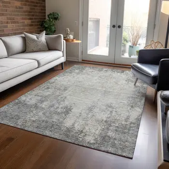 3' X 5' Gray And Ivory Abstract Washable Indoor Outdoor Area Rug