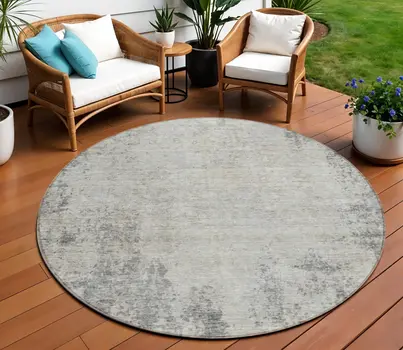 8' Gray And Ivory Round Abstract Washable Indoor Outdoor Area Rug