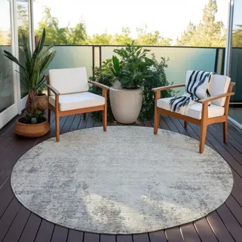 8' Gray And Ivory Round Abstract Washable Indoor Outdoor Area Rug