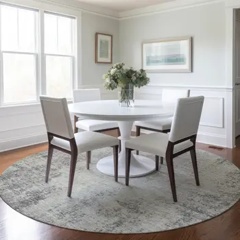 8' Gray And Ivory Round Abstract Washable Indoor Outdoor Area Rug