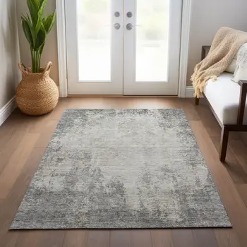 9' X 12' Gray And Ivory Abstract Washable Indoor Outdoor Area Rug