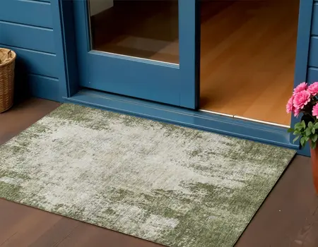 3' X 5' Olive Green And Ivory Abstract Washable Indoor Outdoor Area Rug