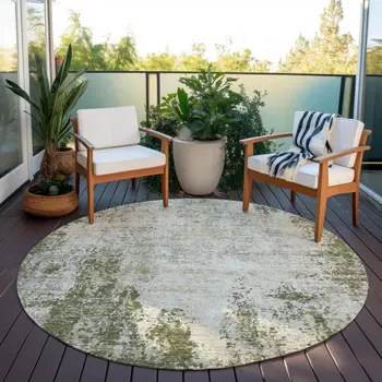 8' Olive Green And Ivory Round Abstract Washable Indoor Outdoor Area Rug