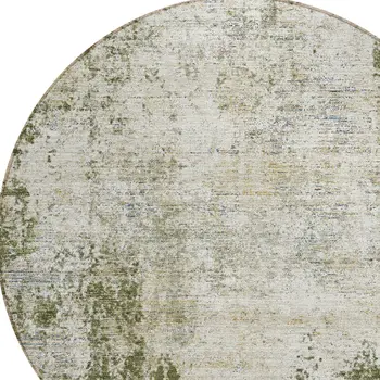 8' Olive Green And Ivory Round Abstract Washable Indoor Outdoor Area Rug