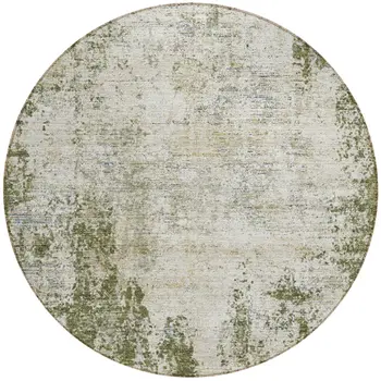 8' Olive Green And Ivory Round Abstract Washable Indoor Outdoor Area Rug