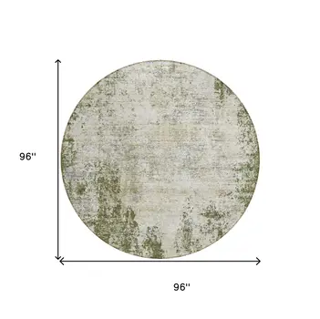 8' Olive Green And Ivory Round Abstract Washable Indoor Outdoor Area Rug