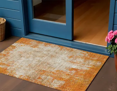 3' X 5' Orange And Ivory Abstract Washable Indoor Outdoor Area Rug